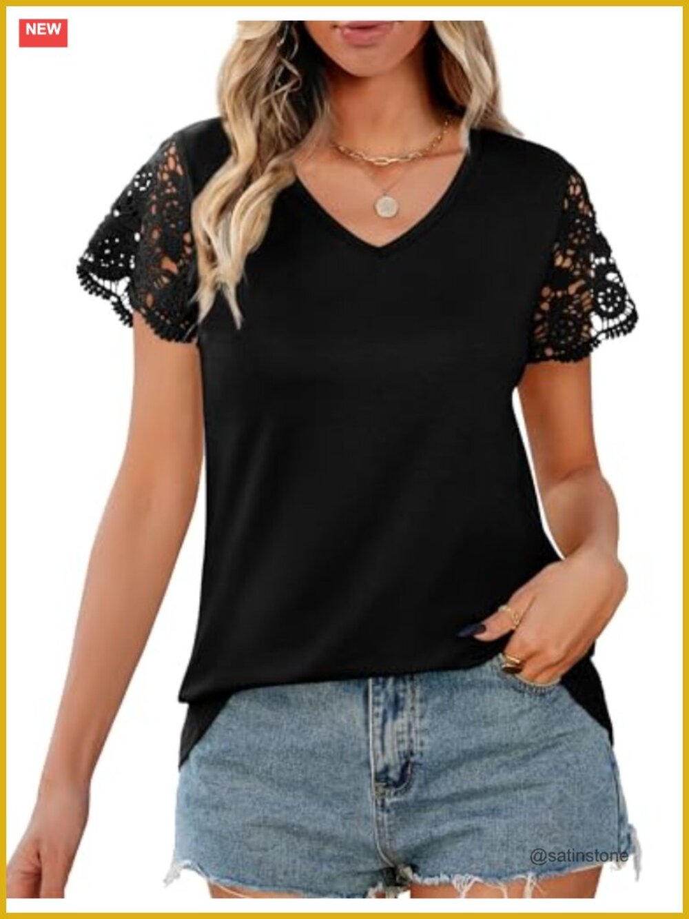 Women's Lace Sleeve V-Neck Blouse Casual Short Sleeve Summer Tee Business Top